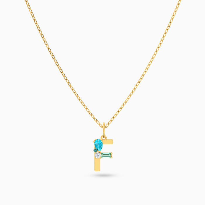 Letter F Pendant with Aquamarine
