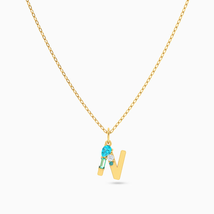 Letter N Pendant with Aquamarine