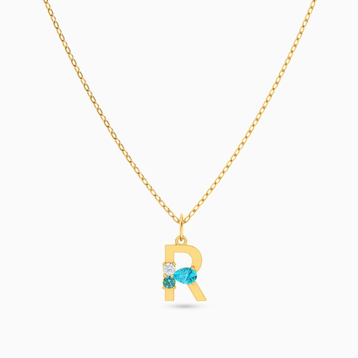 Letter R Pendant with Aquamarine